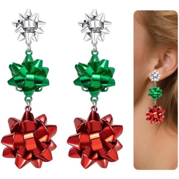 ✨ Christmas Bowknot Earrings | Red Green Silver Holiday Studs - Picture 2 of 6